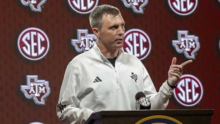 Oct 15, 2025; Birmingham, AL, USA; Texas A&M Aggies head coach Bucky McMillan talks with the media during SEC Media Days at Grand Bohemian Hotel. Mandatory Credit: Vasha Hunt-Imagn Images