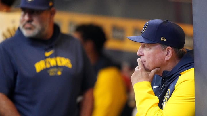 May 14, 2024; Milwaukee, Wisconsin, USA; Milwaukee Brewers manager Pat Murphy looks on from the dugout during the first inning of their game against the Pittsburgh Pirates at American Family Field. Mandatory Credit: Mark Hoffman-Imagn Images