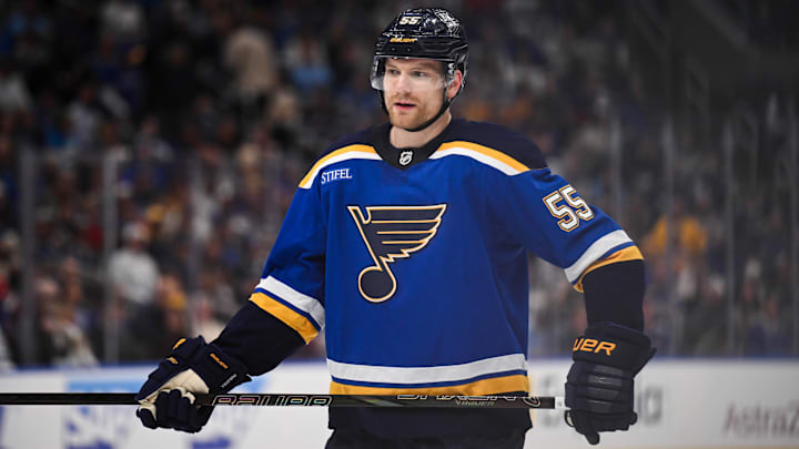 May 2, 2025; St. Louis, Missouri, USA; St. Louis Blues defenseman Colton Parayko (55) looks on during the second period in game six of the first round of the 2025 Stanley Cup Playoffs against the Winnipeg Jets at Enterprise Center. Mandatory Credit: Connor Hamilton-Imagn Images