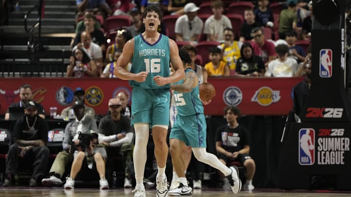 Jul 14, 2025; Las Vegas, NV, USA; Charlotte Hornets forward PJ Hall (16) reacts to a play against the Dallas Mavericks during the first half of a NBA basketball game at the Thomas & Mack Center. Mandatory Credit: Lucas Peltier-Imagn Images
