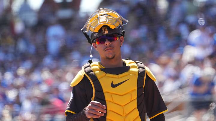 Feb 23, 2025; Phoenix, Arizona, USA; San Diego Padres catcher Ethan Salas (90) looks on against the Los Angeles Dodgers during the second inning at Camelback Ranch-Glendale. Mandatory Credit: Joe Camporeale-Imagn Images Feb 23, 2025; Phoenix, Arizona, USA; San Diego Padres catcher Ethan Salas (90) looks on against the Los Angeles Dodgers during the second inning at Camelback Ranch-Glendale. Mandatory Credit: Joe Camporeale-Imagn Images