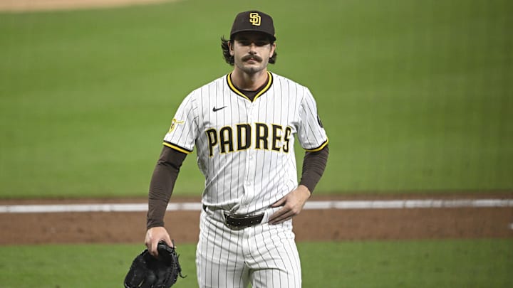 Jun 10, 2025; San Diego, California, USA; San Diego Padres starting pitcher Dylan Cease (84) comes off the field after pitching during the sixth inning against the against the Los Angeles Dodgers at Petco Park. Mandatory Credit: Denis Poroy-Imagn Images