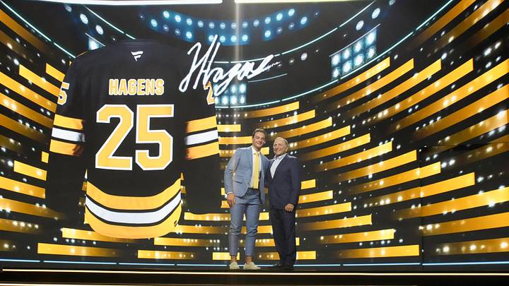 Jun 27, 2025; Los Angeles, California, USA; James Hagens is selected as the seventh overall pick to the Boston Bruins in the first round of the 2025 NHL Draft at Peacock Theater. Mandatory Credit: Kirby Lee-Imagn Images