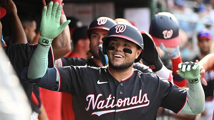 Aug 13, 2026; Washington, District of Columbia, USA; Washington Nationals first baseman Abimelec Ortiz (81) is congratulated by teammates after hitting a three run home run against the Chicago Cubs during the fifth inning at Nationals Park. Mandatory Credit: Brad Mills-Imagn Images