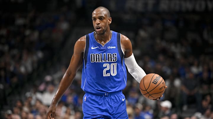 Feb 26, 2026; Dallas, Texas, USA; Dallas Mavericks forward Khris Middleton (20) brings the ball up court against the Sacramento Kings during the first quarter at the American Airlines Center. Mandatory Credit: Jerome Miron-Imagn Images