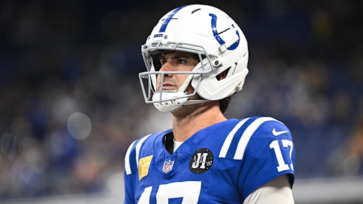 Oct 26, 2025; Indianapolis, Indiana, USA;  Indianapolis Colts quarterback Daniel Jones (17) looks on before the game against the Tennessee Titans at Lucas Oil Stadium. 