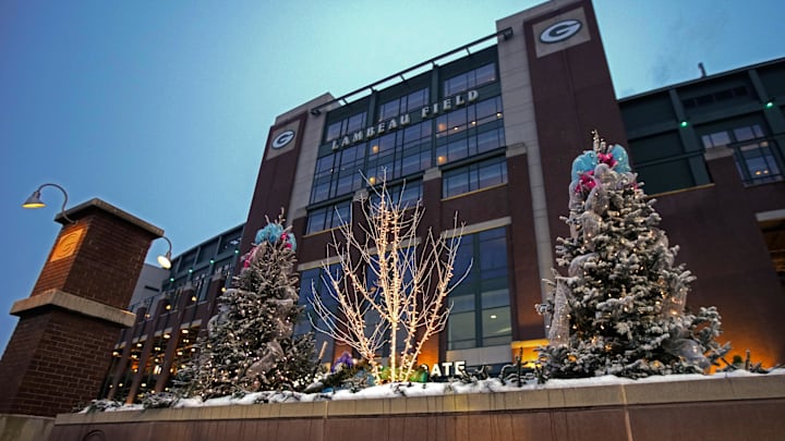 The festive view outside Lambeau Field before Packers-Saints on Monday night.