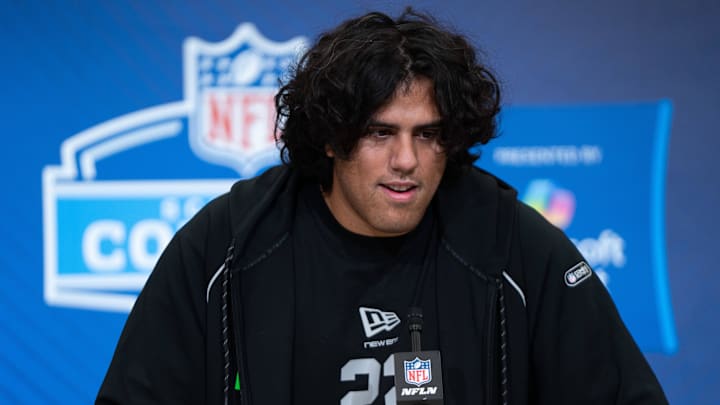 Feb 28, 2026; Indianapolis, IN, USA; Utah offensive lineman Spencer Fano (OL22) speaks to members of the media during the NFL Combine at the Indiana Convention Center. Feb 28, 2026; Indianapolis, IN, USA; Utah offensive lineman Spencer Fano (OL22) speaks to members of the media during the NFL Combine at the Indiana Convention Center.