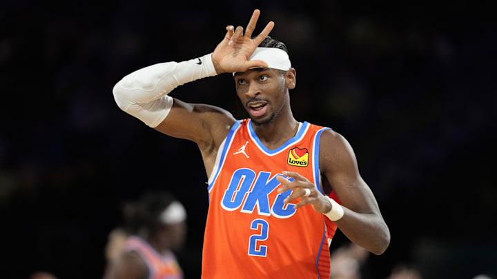 Oklahoma City Thunder guard Shai Gilgeous-Alexander (2) reacts during the fourth quarter against the Houston Rockets in a semifinal of the 2024 Emirates NBA Cup at T-Mobile Arena.