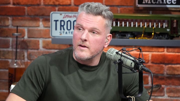 Feb 7, 2025; New Orleans, LA, USA; Pat McAfee on the Pat McAfee Show set on Radio Row at the Super Bowl LIX media center. Mandatory Credit: Kirby Lee-Imagn Images