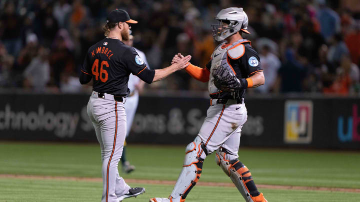 Jul 5, 2024; Oakland, California, USA; Baltimore Orioles pitcher Craig Kimbrel (46) celebrates with catcher James McCann (27) after defeating the Oakland Athletics at Oakland-Alameda County Coliseum. Jul 5, 2024; Oakland, California, USA; Baltimore Orioles pitcher Craig Kimbrel (46) celebrates with catcher James McCann (27) after defeating the Oakland Athletics at Oakland-Alameda County Coliseum.