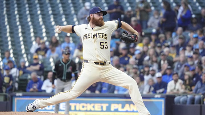 Aug 25, 2025; Milwaukee, Wisconsin, USA; Milwaukee Brewers pitcher Brandon Woodruff (53) delivers a pitch abasing the Arizona Diamondbacks in the first inning at American Family Field. Mandatory Credit: Michael McLoone-Imagn Images