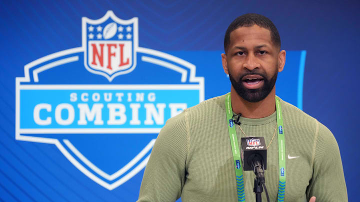 Feb 25, 2025; Indianapolis, IN, USA; Cleveland Browns general manager Andrew Berry speaks during the NFL Scouting Combine at the Indiana Convention Center.