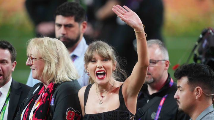 Feb 11, 2024; Paradise, Nevada, USA;   Recording artist Taylor Swift enters the field as Kansas City Chiefs wins over the San Francisco 49ers in overtime of Super Bowl LVIII at Allegiant Stadium. Mandatory Credit: Joe Camporeale-USA TODAY Sports