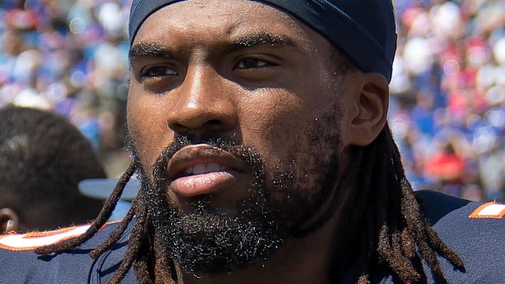 Chicago Bears offensive line Braxton Jones watches from the sidelines. Chicago Bears offensive line Braxton Jones watches from the sidelines.