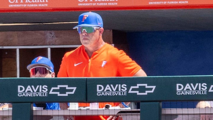 Florida baseball head coach Kevin O'Sullivan watches from the dugout during Game 1 of a doubleheader against Tennessee on May 3. The Gators need to win 3 of their final 6 games to ensure an NCAA Tournament berth this season