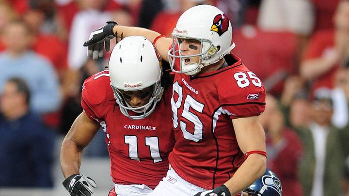 Dec. 28, 2008; Glendale, AZ, USA; Arizona Cardinals wide receiver (85) Jerheme Urban celebrates with Larry Fitzgerald after scoring a second quarter touchdown against the Seattle Seahawks at University of Phoenix Stadium. Mandatory Credit: Mark J. Rebilas-USA TODAY Sports Dec. 28, 2008; Glendale, AZ, USA; Arizona Cardinals wide receiver (85) Jerheme Urban celebrates with Larry Fitzgerald after scoring a second quarter touchdown against the Seattle Seahawks at University of Phoenix Stadium. Mandatory Credit: Mark J. Rebilas-USA TODAY Sports