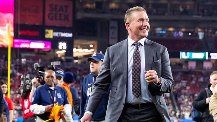 Jan 8, 2026; Glendale, AZ, USA; ESPN personality Kirk Herbsteit with dog Peter during 2026 Fiesta Bowl and semifinal game of the College Football Playoff at State Farm Stadium. Mandatory Credit: Mark J. Rebilas-Imagn Images Jan 8, 2026; Glendale, AZ, USA; ESPN personality Kirk Herbsteit with dog Peter during 2026 Fiesta Bowl and semifinal game of the College Football Playoff at State Farm Stadium. Mandatory Credit: Mark J. Rebilas-Imagn Images