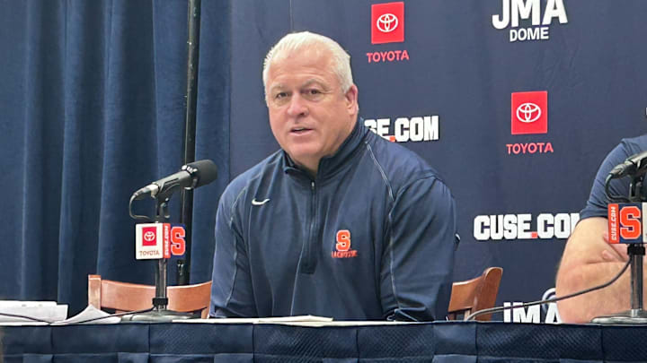 Syracuse head coach Gary Gait fields questions from the media following Syracuse's win over Colgate on Saturday.