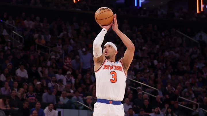 May 19, 2024; New York, New York, USA; New York Knicks guard Josh Hart (3) shoots a three point shot against the Indiana Pacers during the fourth quarter of game seven of the second round of the 2024 NBA playoffs at Madison Square Garden. Mandatory Credit: Brad Penner-USA TODAY Sports