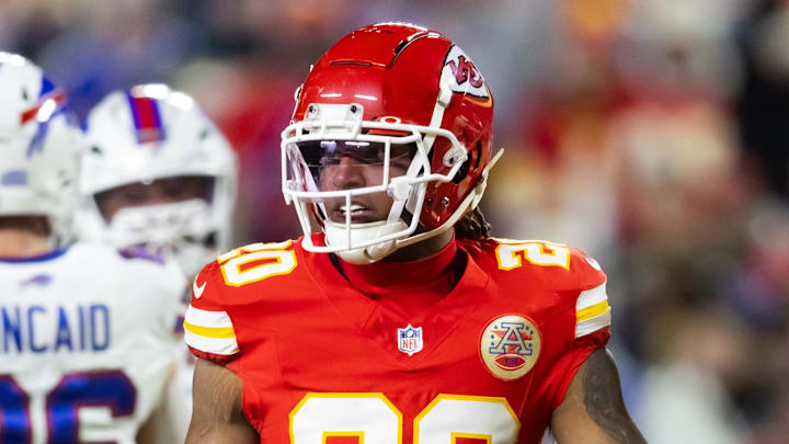 Jan 26, 2025; Kansas City, MO, USA; Kansas City Chiefs safety Justin Reid (20) against the Buffalo Bills in the AFC Championship game at GEHA Field at Arrowhead Stadium. Mandatory Credit: Mark J. Rebilas-Imagn Images