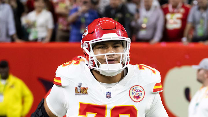 Feb 9, 2025; New Orleans, LA, USA;  Kansas City Chiefs offensive lineman Kingsley Suamataia (76) against the Philadelphia Eagles in Super Bowl LIX at Ceasars Superdome. Mandatory Credit: Mark J. Rebilas-Imagn Images