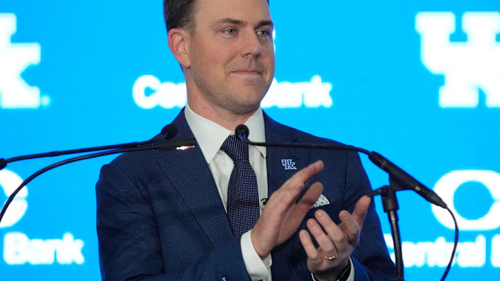 New Kentucky Wildcat head coach Will Stein makes remarks as he is introduced at Kentucky on Wednesday, December 3, 2025