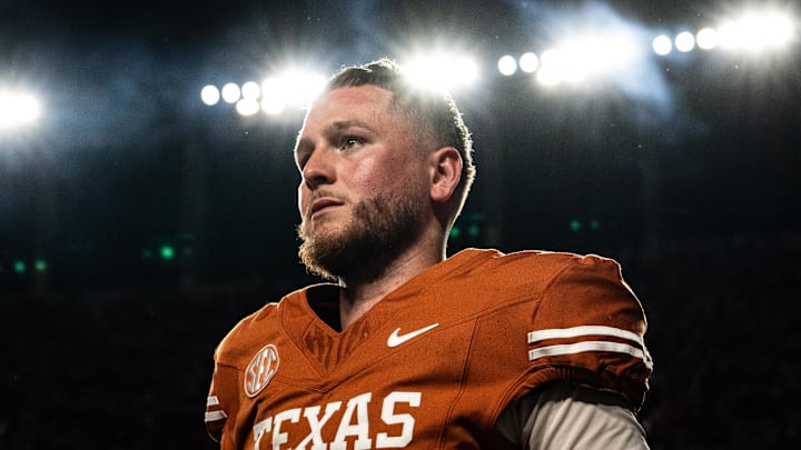 Nov 23, 2024; Austin, Texas, USA; Texas Longhorns quarterback Quinn Ewers (3) looks over at the student section after a’game against the Kentucky Wildcats at Darrell K Royal Texas Memorial Stadium. Mandatory Credit: Sara Diggins/USA TODAY Network via Imagn Images
