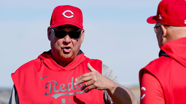 Cincinnati Reds manger Terry Francona chats with bench coach Brad Mills during spring training, Friday, Feb. 21, 2025, at the Cincinnati Reds Player Development Complex in Goodyear, Ariz.