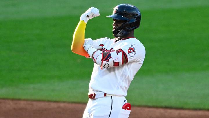 Aug 4, 2026: Cleveland Guardians left fielder Angel Martínez (1) celebrates his RBI double in the third inning against the New York Mets at Progressive Field. Credit: David Richard-Imagn Images