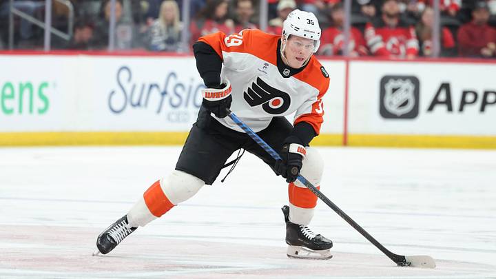 Apr 7, 2026; Newark, New Jersey, USA; Philadelphia Flyers right wing Matvei Michkov (39) skates with the puck against the New Jersey Devils during the first period at Prudential Center.