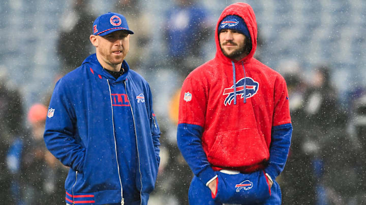 Buffalo Bills quarterback Josh Allen and Offensive Coordinator Joe Brady.