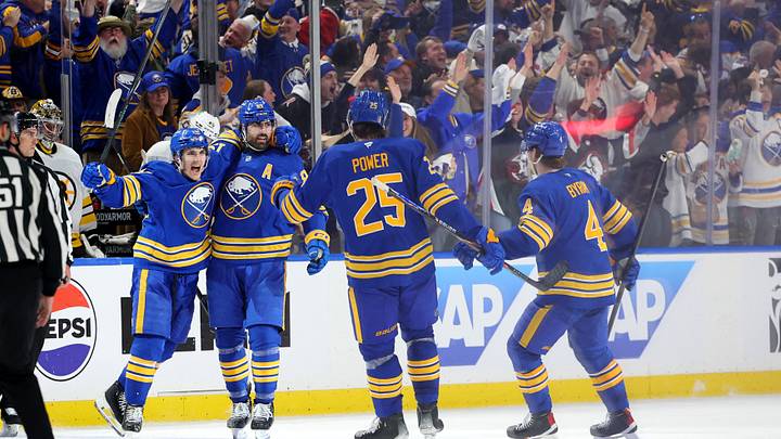 Apr 19, 2026; Buffalo, New York, USA; Buffalo Sabres right wing Alex Tuch (89) celebrates his goal with teammates during the third period against the Boston Bruins in game one of the first round of the 2026 Stanley Cup Playoffs at KeyBank Center. Mandatory Credit: Timothy T. Ludwig-Imagn Images Apr 19, 2026; Buffalo, New York, USA; Buffalo Sabres right wing Alex Tuch (89) celebrates his goal with teammates during the third period against the Boston Bruins in game one of the first round of the 2026 Stanley Cup Playoffs at KeyBank Center. Mandatory Credit: Timothy T. Ludwig-Imagn Images