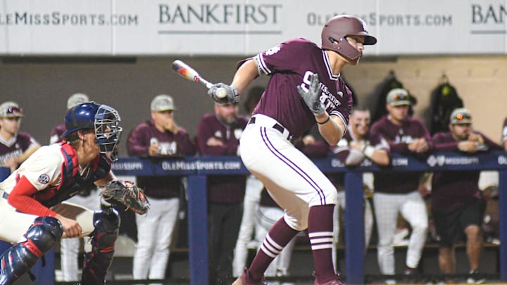 Mississippi State infielder Logan Kohler (40) drives in a run on a groundout in the 5th inning against Ole Miss at Swayze Field in Oxford, Miss., on Friday, Apr. 12, 2024.