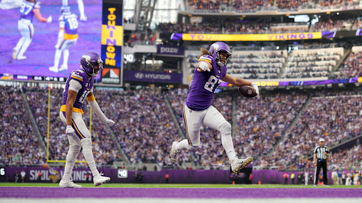 Dec 7, 2025; Minneapolis, Minnesota, USA; Minnesota Vikings tight end T.J. Hockenson (87) reacts after scoring a touchdown against the Washington Commanders during the second half at U.S. Bank Stadium. Mandatory Credit: Brad Rempel-Imagn Images Dec 7, 2025; Minneapolis, Minnesota, USA; Minnesota Vikings tight end T.J. Hockenson (87) reacts after scoring a touchdown against the Washington Commanders during the second half at U.S. Bank Stadium. Mandatory Credit: Brad Rempel-Imagn Images
