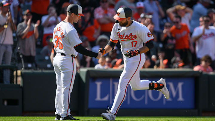 Apr 14, 2024; Baltimore, Maryland, USA; Baltimore Orioles outfielder Colton Cowser (17) celebrates. Apr 14, 2024; Baltimore, Maryland, USA; Baltimore Orioles outfielder Colton Cowser (17) celebrates.
