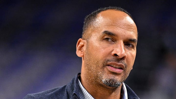 Oct 6, 2025; Fort Worth, Texas, USA; Dallas Mavericks manager Nico Harrison looks on before the game between the Dallas Mavericks and the Oklahoma City Thunder at Dickie's Arena. Mandatory Credit: Jerome Miron-Imagn Images