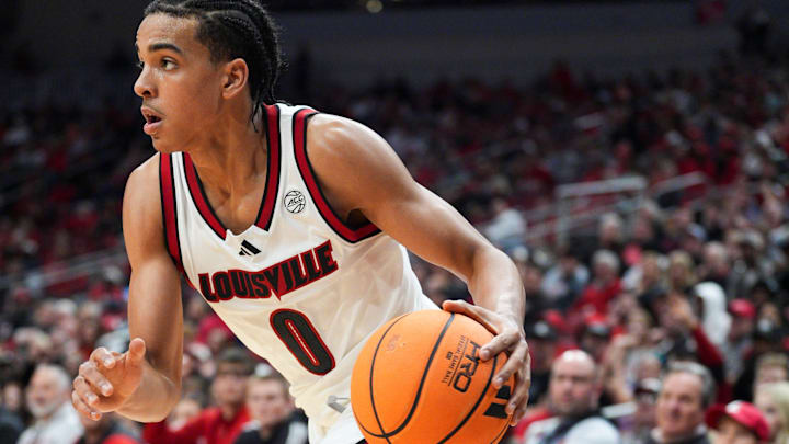 Louisville Cardinals guard Mikel Brown Jr. (0) scored 11 points with six assists as the Cards roll past the visiting Bulldogs 104-45 at the KFC Yum! Center Monday night, Nov. 3, 2025.