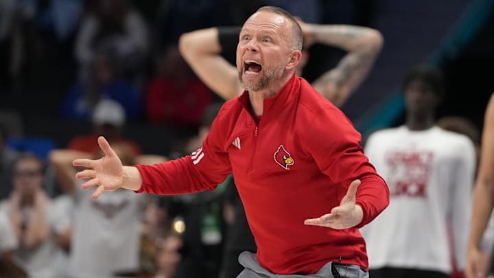 Mar 12, 2026; Charlotte, NC, USA; Louisville Cardinals head coach Pat Kelsey reacts in the second half at Spectrum Center. Mandatory Credit: Bob Donnan-Imagn Images