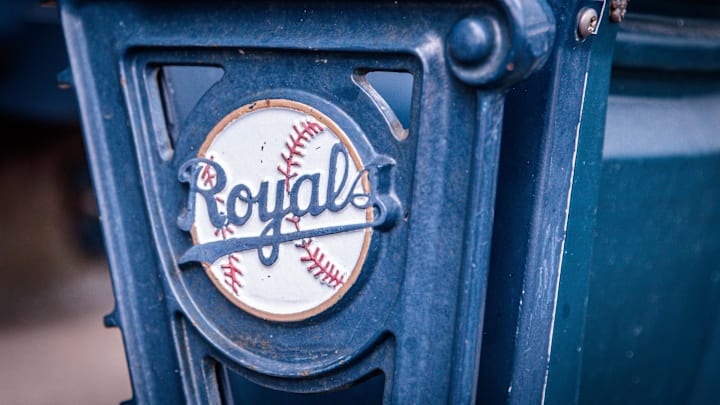 Apr 16, 2023; Kansas City, Missouri, USA; Logo on stadium seats prior to the game between the Kansas City Royals and the Atlanta Braves at Kauffman Stadium. Mandatory Credit: William Purnell-Imagn Images