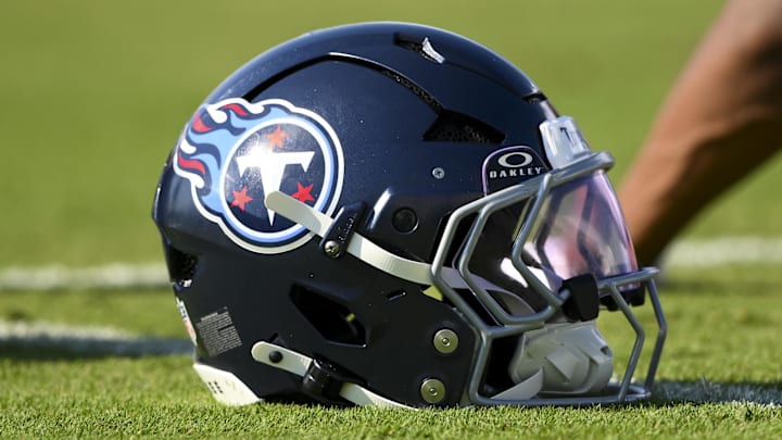 Jul 24, 2025; Nashville, TN, USA; Tennessee Titans helmet during training camp at Ascension Saint Thomas Sports Park. Mandatory Credit: Steve Roberts-Imagn Images Jul 24, 2025; Nashville, TN, USA; Tennessee Titans helmet during training camp at Ascension Saint Thomas Sports Park. Mandatory Credit: Steve Roberts-Imagn Images