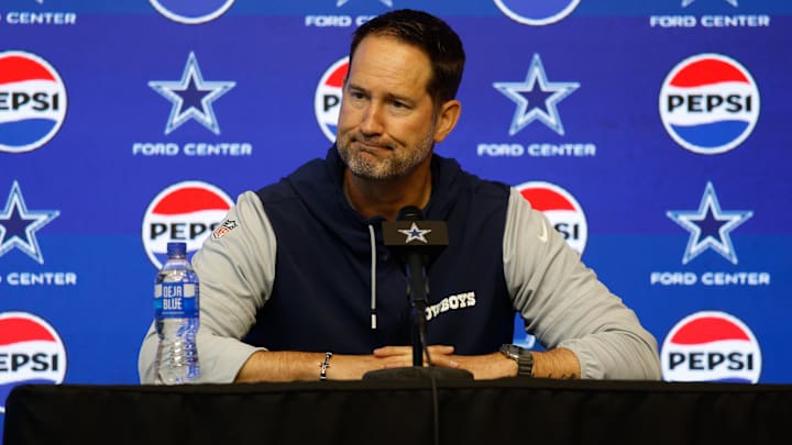 Dallas Cowboys head coach Brian Schottenheimer addresses the media before practice at the Ford Center.