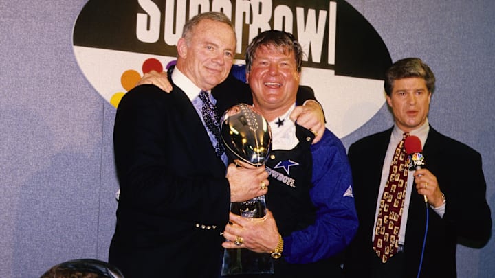 Dallas Cowboys owner Jerry Jones and Jimmy Johnson with the Lombardi trophy after defeating the Buffalo Bills in Super Bowl XXVIII Dallas Cowboys owner Jerry Jones and Jimmy Johnson with the Lombardi trophy after defeating the Buffalo Bills in Super Bowl XXVIII