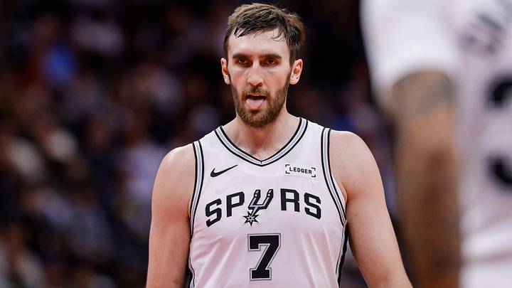Nov 28, 2025; Denver, Colorado, USA; San Antonio Spurs center Luke Kornet (7) reacts after a play in the third quarter against the Denver Nuggets at Ball Arena. Mandatory Credit: Isaiah J. Downing-Imagn Images
