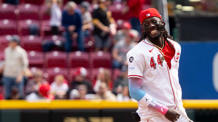 Cincinnati Reds shortstop Elly De La Cruz (44) reacts to the Cincinnati Reds win over the Pittsburgh Pirates at Great American Ball Park in Cincinnati on Sunday April 13, 2024. Cincinnati Reds shortstop Elly De La Cruz (44) reacts to the Cincinnati Reds win over the Pittsburgh Pirates at Great American Ball Park in Cincinnati on Sunday April 13, 2024.
