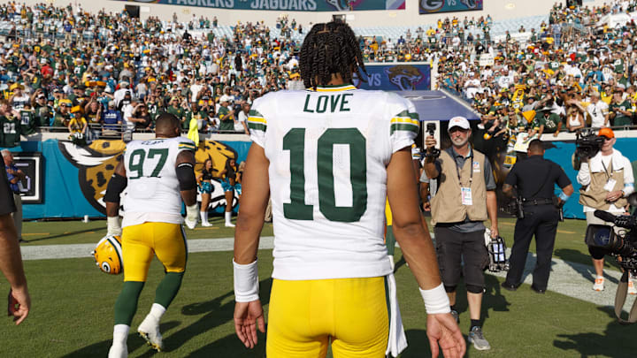 Oct 27, 2024; Jacksonville, Florida, USA; Green Bay Packers quarterback Jordan Love (10) heads to the locker room after the game against the Jacksonville Jaguars at EverBank Stadium. Mandatory Credit: Morgan Tencza-Imagn Images