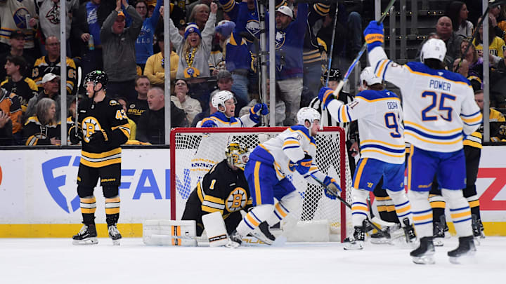 Apr 26, 2026; Boston, Massachusetts, USA; Buffalo Sabres left wing Zach Benson (6) scores a goal during the first period in game four of the first round of the 2026 Stanley Cup Playoffs against the Boston Bruins at TD Garden. Mandatory Credit: Bob DeChiara-Imagn Images