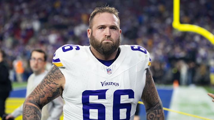 Jan 13, 2025; Glendale, AZ, USA; Minnesota Vikings guard Dalton Risner (66) against the Los Angeles Rams during an NFC wild card game at State Farm Stadium. Mandatory Credit: Mark J. Rebilas-Imagn Images Jan 13, 2025; Glendale, AZ, USA; Minnesota Vikings guard Dalton Risner (66) against the Los Angeles Rams during an NFC wild card game at State Farm Stadium. Mandatory Credit: Mark J. Rebilas-Imagn Images