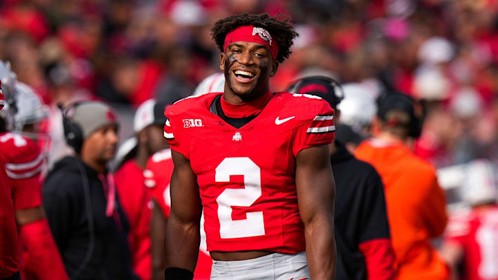 Ohio State safety Caleb Downs smiles during a game against Purdue.
