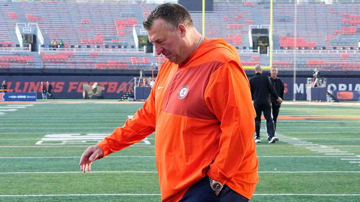 Illinois Fighting Illini head coach Bret Bielema walks across the field as the team arrives prior to the NCAA football game against the Ohio State Buckeyes at Gies Memorial Stadium in Champaign on Oct. 11, 2025.